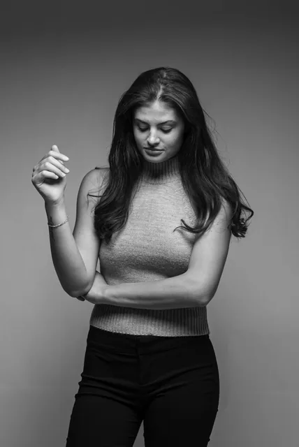 Black and white portrait from waist up